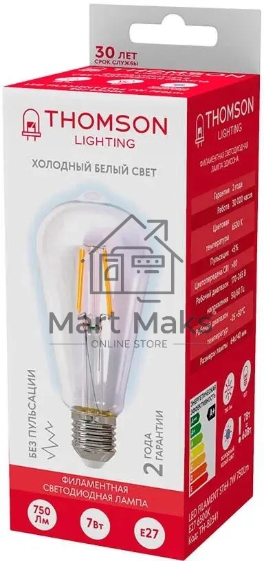Лампа светодиодная филаментная Thomson TH-B2341 E27, эдисон, 7Вт, 6500К, белый холодный, 1 шт.