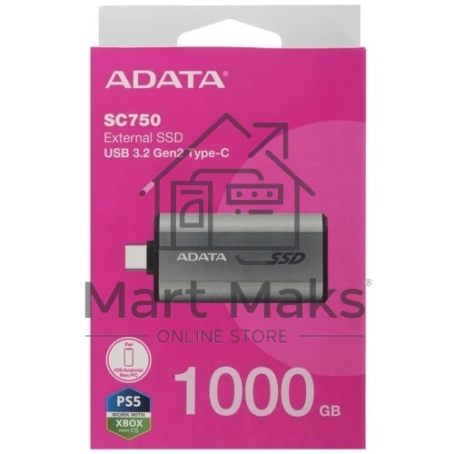 Твердотельный диск A-DATA External SC750 серый SC750-1000G-CCBK 1TB USB 3.2 Gen 2 Type-C, R/W -1050/1000 MB/s