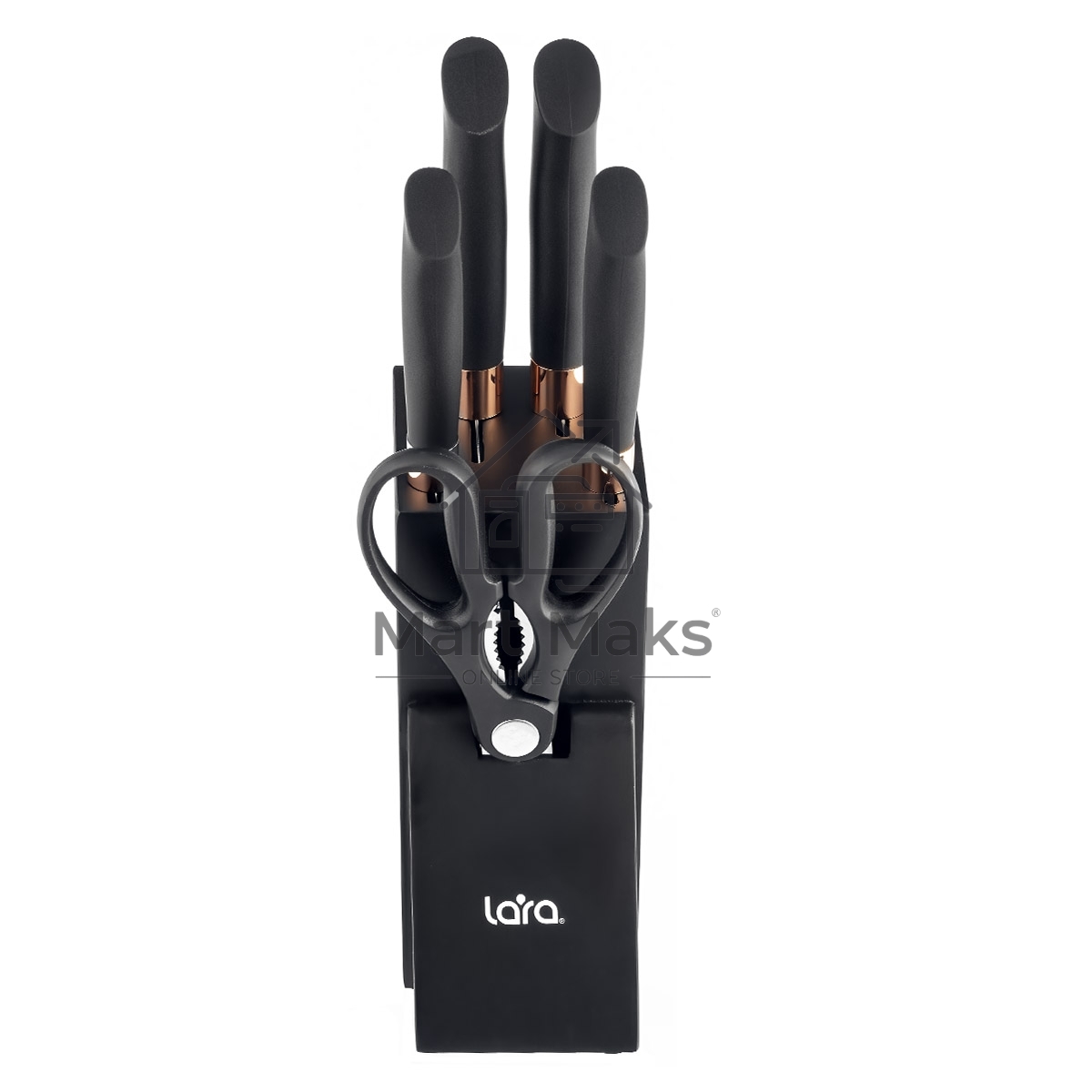 Набор ножей LARA LR05-55 6 предметов: Подставка (сосна) +4 ножа (Soft touch, мед. больстер) +ножницы