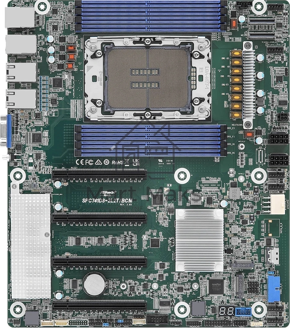 Серверная материнская плата ASRock SPC741D8-2L2T/BCM, 1xLGA4677, Intel C741, 8xDDR5, 0xSATA, 2xM.2, 4xPCIe 5.0 x16, 1xVGA, 2x1Gb LAN, 2x10Gb LAN, IPMI, 2xUSB-A 5Gbps, SSI CEB