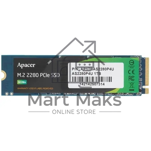 Накопитель SSD Apacer AS2280P4U, 1Tb, M.2 2280, PCIe 3.0 x4, NVMe, R/W 3500/3000