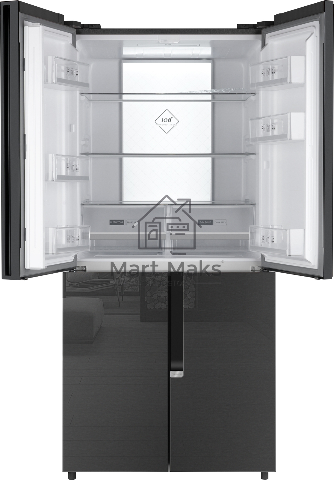 Холодильник Weissgauff WCD 450 INOX GLASS нержавеющая сталь трехкамерный 286/141л морозилка снизу, No Frost, Side by Side