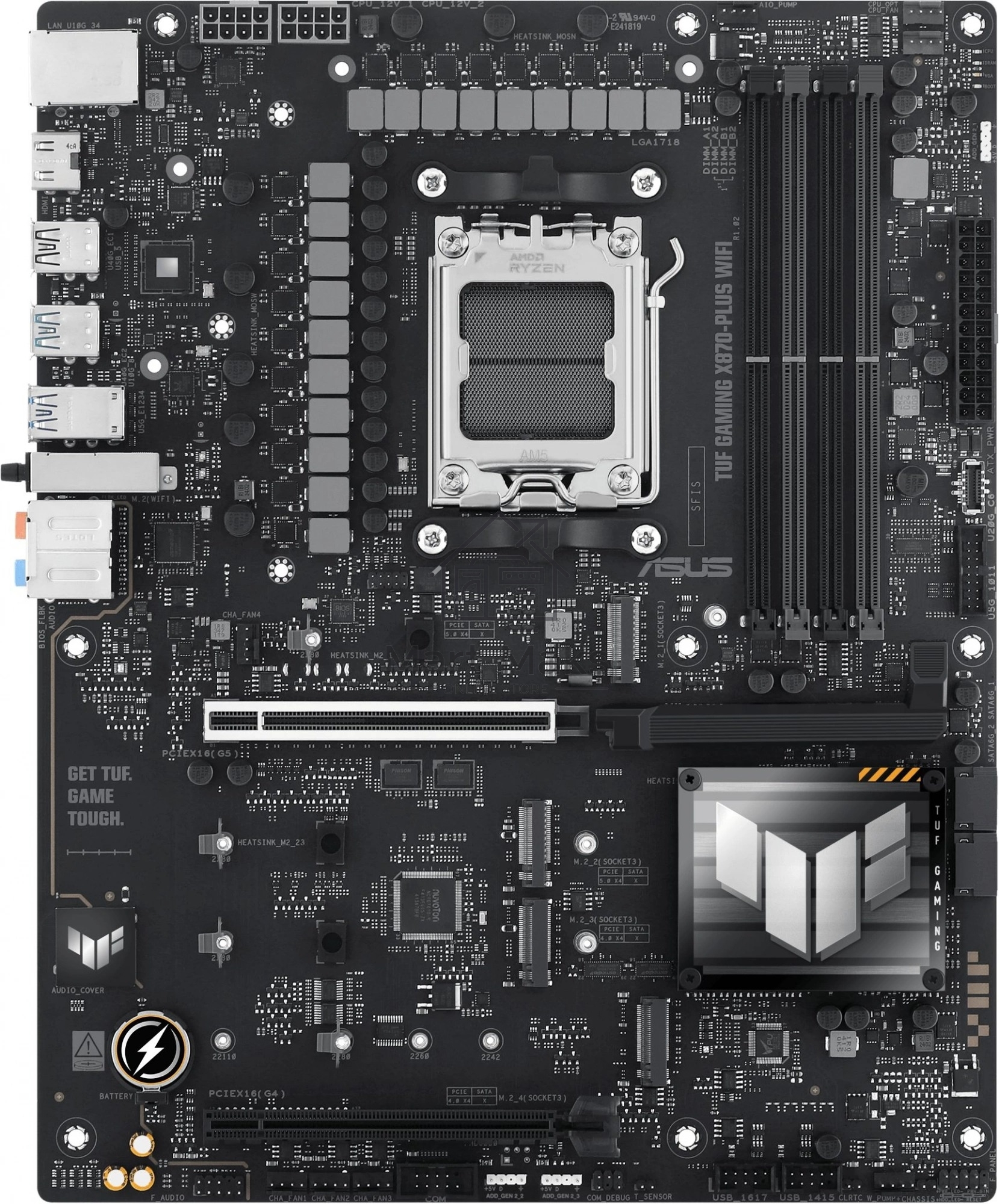 Материнская плата ASUS TUF GAMING X870-PLUS WIFI, AM5, AMD X870, 4xDDR5, 2xSATA, 4xM.2, 1xPCIe 5.0 x16, 1xPCIe 4.0 x4, 1xHDMI, 1xUSB-C 3.2 Gen 2, 1xUSB-C 3.2 Gen 2x2, 2xUSB-C 4.0, 1x 2.5Gb LAN, 1xUSB-A 2.0, 3xUSB-A 3.2 Gen 2, 4xUSB-A 3.2 Gen 1, 5x3.5 мм, 