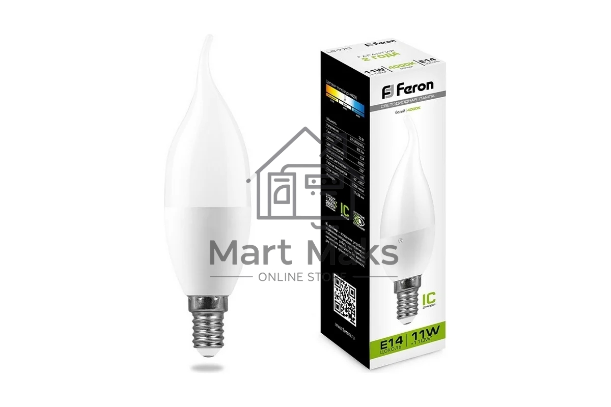 Лампа светодиодная FERON LB-770 (25940) 11W 230V E14 4000K свеча на ветру
