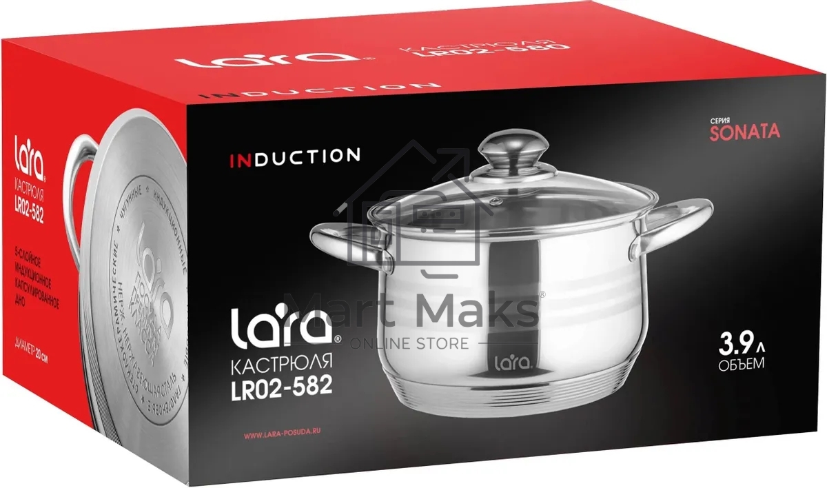 Кастрюля LARA LR02-582 SONATA 20x12,5 см, 3.9 л, нержавеющая сталь, с крышкой