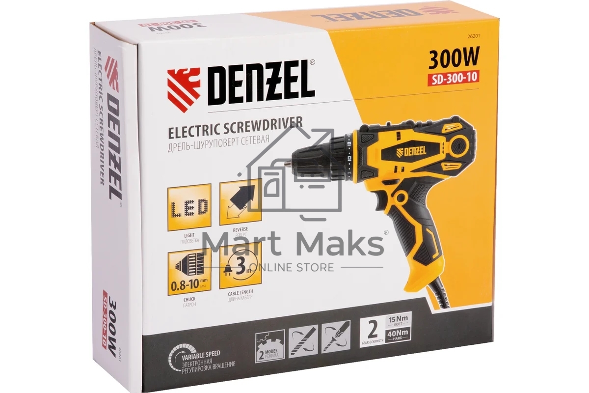 Дрель-шуруповерт Denzel SD-300-10, Сетевая, 300Вт