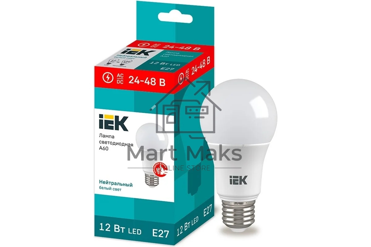 Лампа светодиодная IEK LLE-A60-12-24-48-40-E27 A60 шар 12Вт 24-48В 4000К E27 (низковольтная)