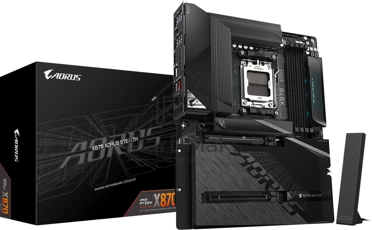 Материнская плата Gigabyte X870 AORUS STEALTH, AM5, AMD X870, 4xDDR5, 2xSATA, 4xM.2, 1xPCIe 5.0 x16, 1xPCIe 4.0 x16, 1xHDMI, 1x5Gb LAN, Wi-Fi 7, Bluetooth 5.4, 2xUSB-C 40Gbps (USB4), 1xUSB-C 10Gbps, 4xUSB-A 10Gbps, 4xUSB-A 5Gbps, 4xUSB-A 2.0, 3x3.5 мм + S/PDIF оптический, 7.1, ATX