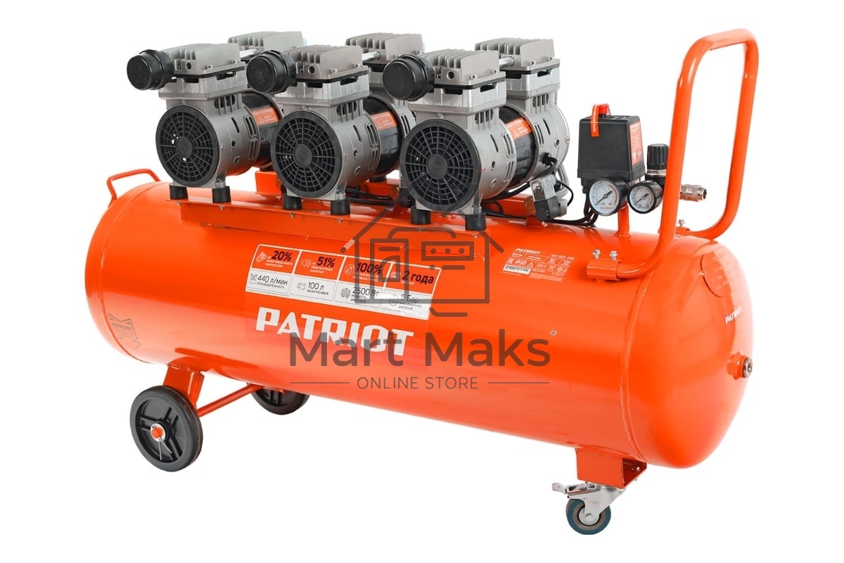Компрессор Patriot поршневой безмасляный WO 100-440, 440 л/мин, 8 бар, 2500 Вт, 100 л, быстросъем и 