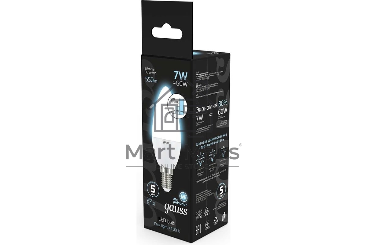 Лампа светодиодная Gauss LED Candle 7Вт E14 4100К step dimmable (диммир.) 103101207-S