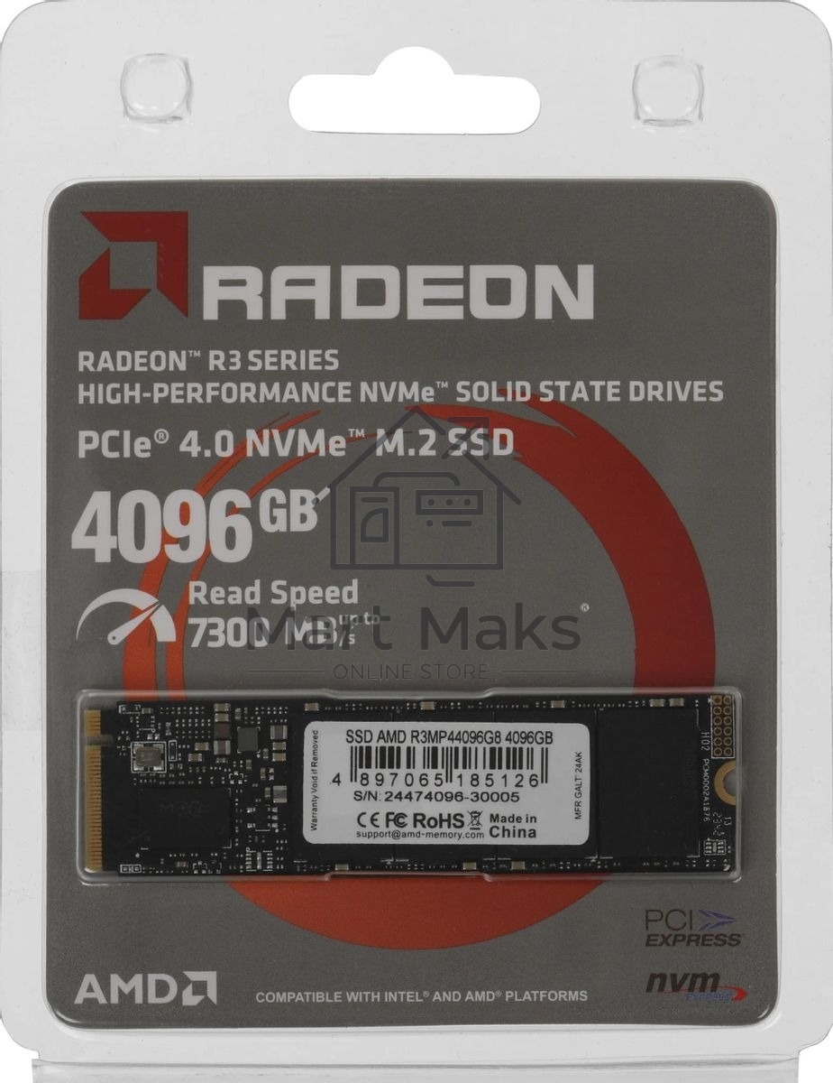 Накопитель SSD AMD Radeon, 4Tb, PCIe 4.0 x4, M.2 2280, NVMe, R/W 7300/6500