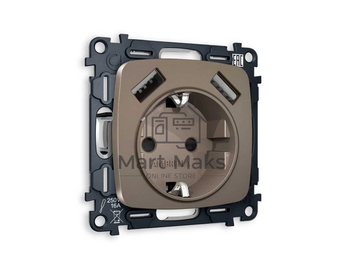Комплект механизма электрической розетки OMEGA Темная бронза матовый 2USB A+A 18W (быстрая зарядка) с/з QUANT (OP6390, VM155) MO639010