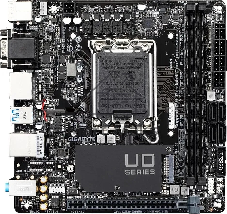 Материнская плата Gigabyte H610I, LGA 1700, Intel H610, 2xDDR5, 4xSATA, 1xM.2, 1xPCIe 4.0 x16, 1xHDMI, 1xVGA, 2xDP, 1x 1Gb LAN, 2xUSB-A 3.2 Gen 1, 4xUSB-A 2.0, 3x 3.5 мм, 7.1, Mini-ITX