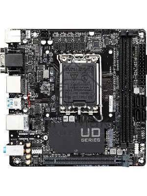Материнская плата Gigabyte H610I, LGA 1700, Intel H610, 2xDDR5, 4xSATA, 1xM.2, 1xPCIe 4.0 x16, 1xHDMI, 1xVGA, 2xDP, 1x 1Gb LAN, 2xUSB-A 3.2 Gen 1, 4xUSB-A 2.0, 3x 3.5 мм, 7.1, Mini-ITX