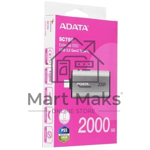 Твердотельный диск A-DATA External SC750 серый SC750-2000G-CCBK 2TB USB 3.2 Gen 2 Type-C, R/W -1050/1000 MB/s