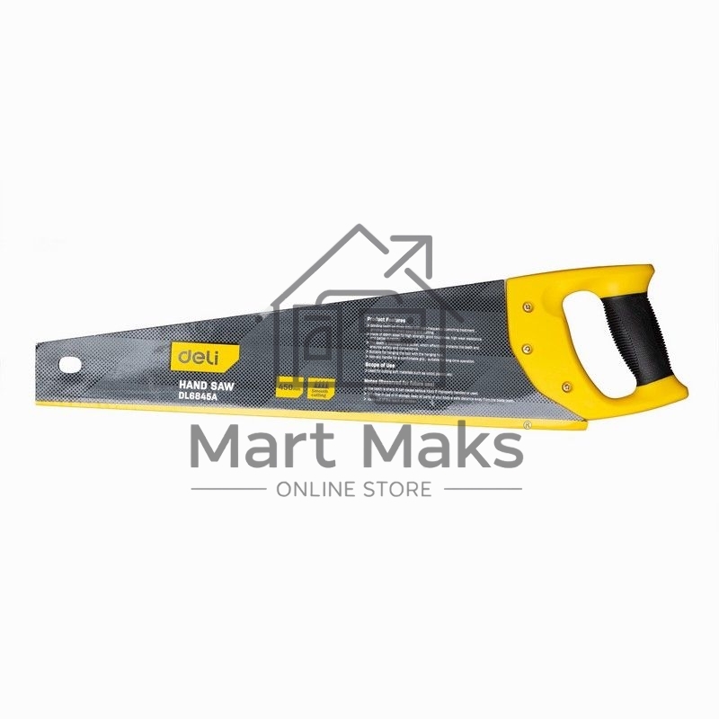 Ножовка по дереву Deli DL6845A 450мм Материал: 65Mn. Термообработанная поверхность. Шлифовка зубов с 3-х сторон. Литая ручка из двухкомпонентного противоударного пластика.