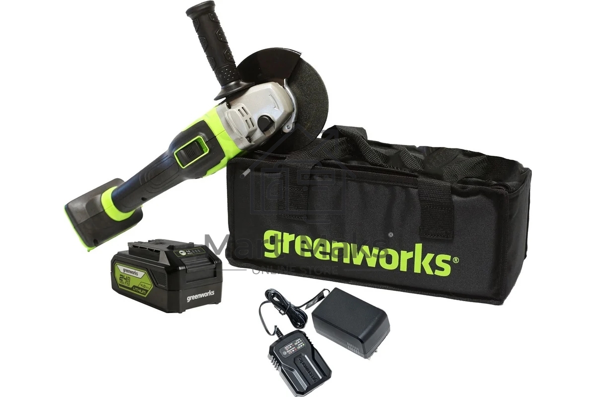 Угловая шлифовальная машина аккумуляторная GreenWorks GD24AGk4, 24V, бесщеточная, c 1хАКБ 4 Ач и ЗУ в сумке (3200207UB)