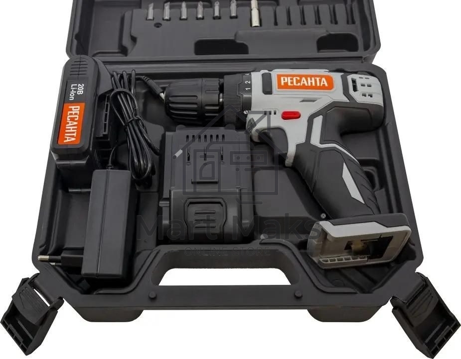 Дрель-шуруповерт аккумуляторная Ресанта ДА-20-2ЛК 75/14/11, Аккумуляторная, 20В, 2 АКБ, Кейс