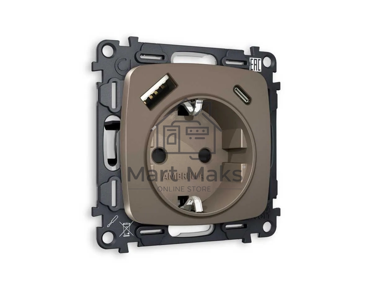 Комплект механизма электрической розетки OMEGA Темная бронза матовый 2USB A+C 20W (быстрая зарядка) с/з QUANT (OP6400, VM160) MO640010