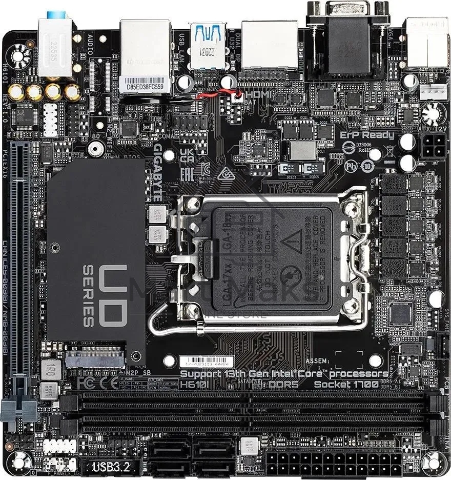 Материнская плата Gigabyte H610I, LGA 1700, Intel H610, 2xDDR5, 4xSATA, 1xM.2, 1xPCIe 4.0 x16, 1xHDMI, 1xVGA, 2xDP, 1x 1Gb LAN, 2xUSB-A 3.2 Gen 1, 4xUSB-A 2.0, 3x 3.5 мм, 7.1, Mini-ITX