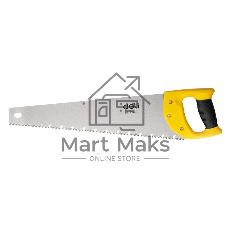 Ножовка по дереву Deli DL6845A 450мм Материал: 65Mn. Термообработанная поверхность. Шлифовка зубов с 3-х сторон. Литая ручка из двухкомпонентного противоударного пластика.