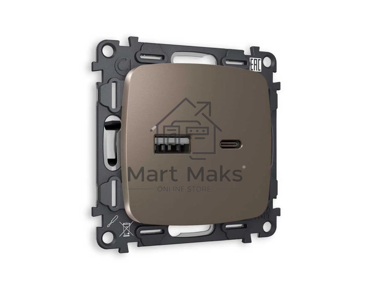 Комплект механизма розетки OMEGA Темная бронза матовый 2USB A+C 20W (быстрая зарядка) QUANT (OP6410, VM177) MO641010