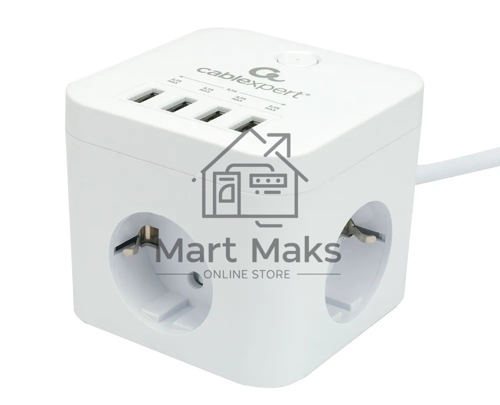 Сетевой фильтр Cablexpert Cube CUBE-3-U4-W-1.5, 3р, 10А, 4хUSB, 1.5м, ур.защиты 4+, белый, коробка