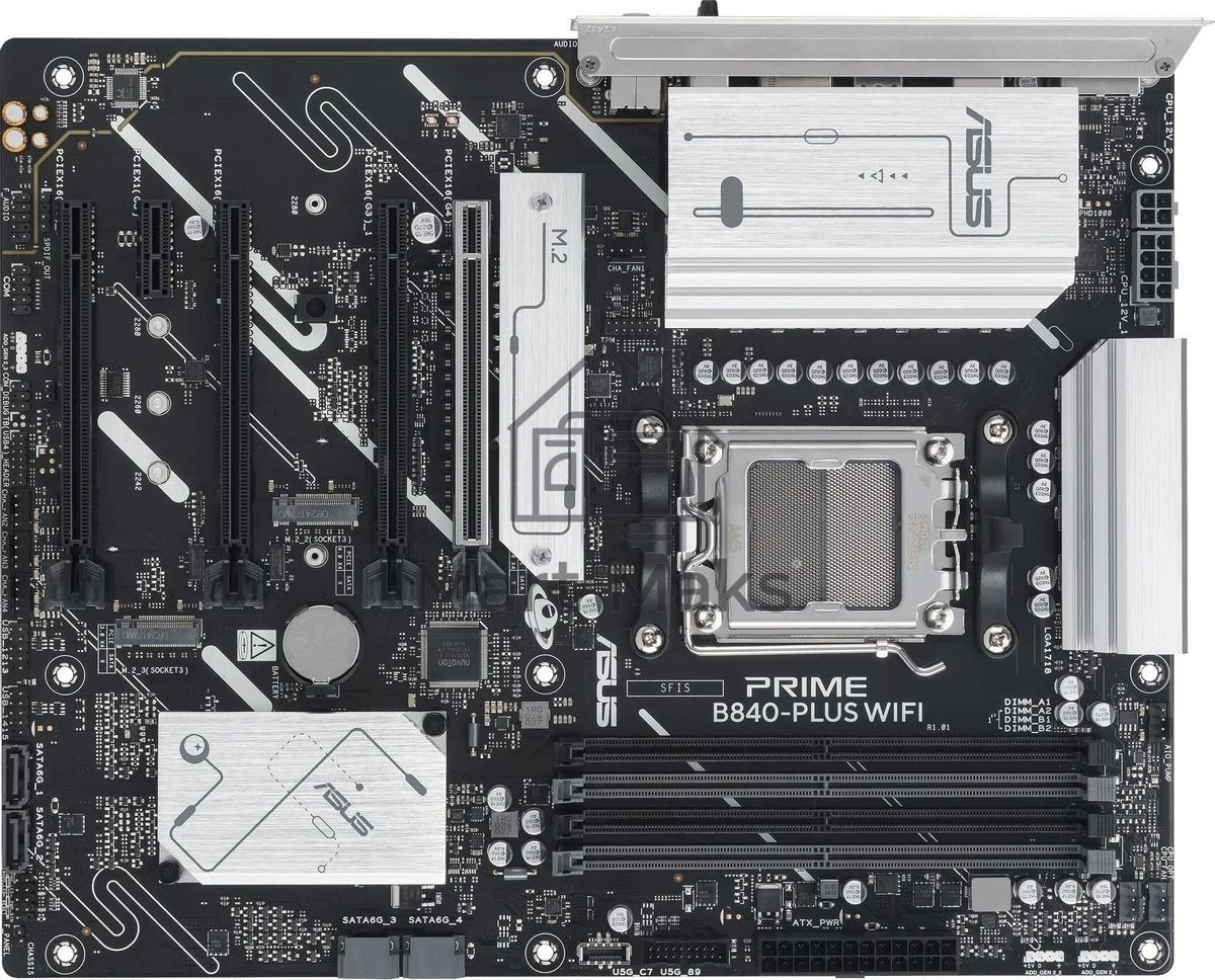 Материнская плата ASUS PRIME B840-PLUS WIFI, AM5, AMD B840, 4xDDR5, 4xSATA, 3xM.2, 1xPCIe 4.0 x16, 1xPCIe 3.0 x16, 2xPCIe 3.0 x16, 1xPCIe 3.0 x1, 1xDP, 1xHDMI, 1x 2.5Gb LAN, 8xUSB-A, 3x3.5 мм, 7.1, ATX