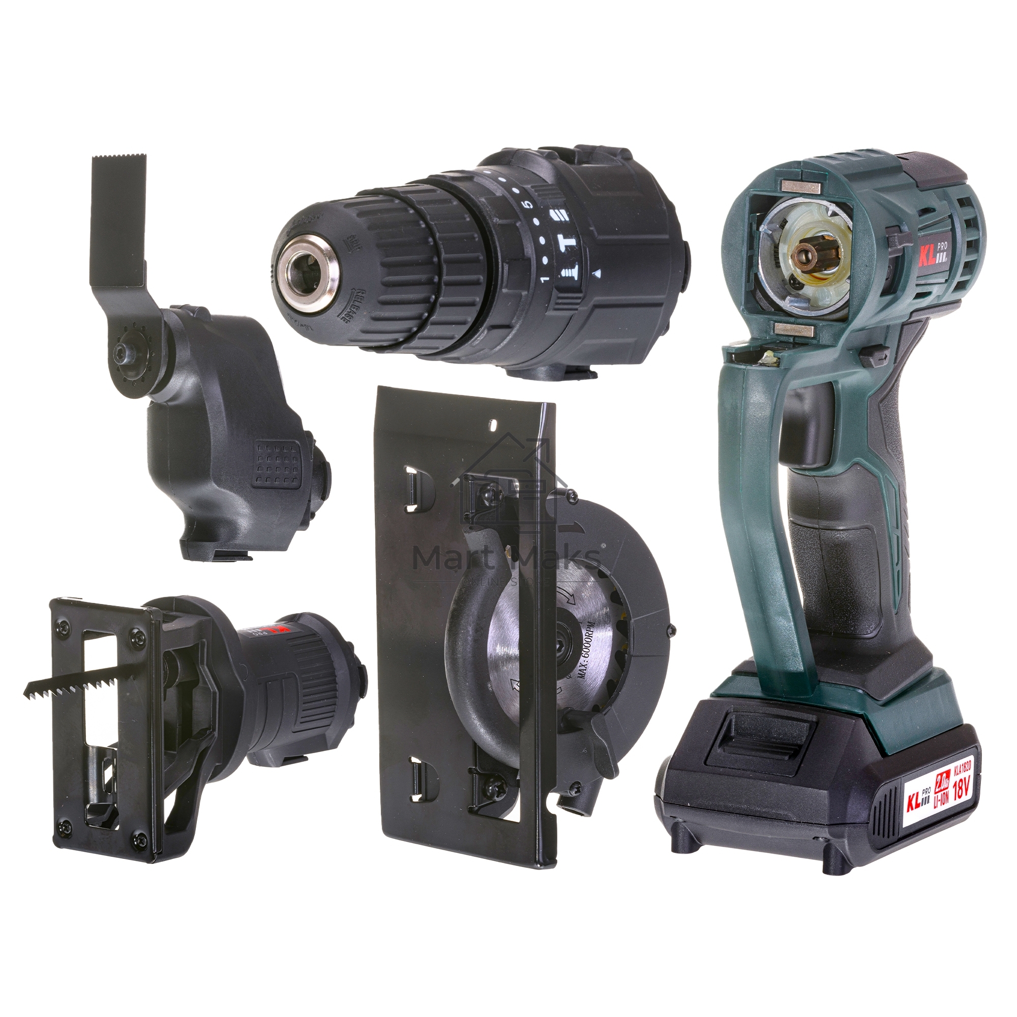 Профессиональный беспроводной мульти сет KLPRO KLMS18-20 4в1 реноватор/уд шуруповерт/диск пила/лобзик (18В, Li-ion-2шт, 2.0А·ч,З/У, сумка + 20 аксес)