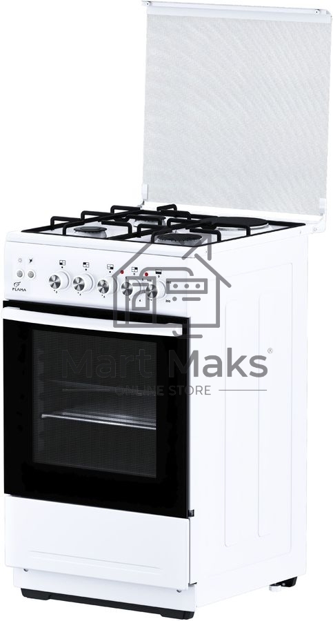 Плита комбинированная Flama L RK 23-126 белый, конфорок 3 газовых и 1 электрическая, духовка 50 л, 50 см x 85 см x 60 см