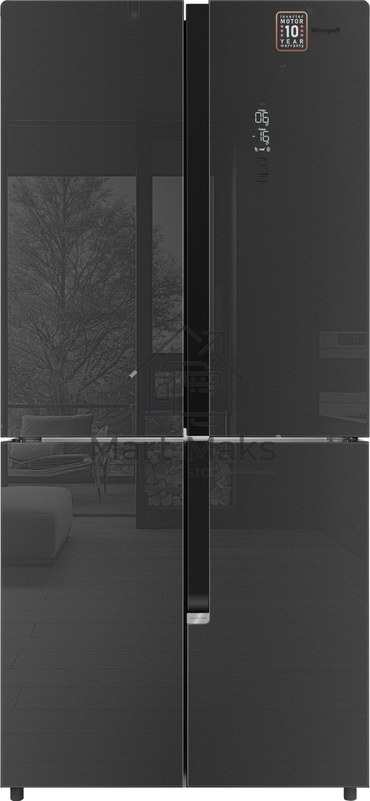 Холодильник Weissgauff WCD 450 INOX GLASS нержавеющая сталь трехкамерный 286/141л морозилка снизу, No Frost, Side by Side