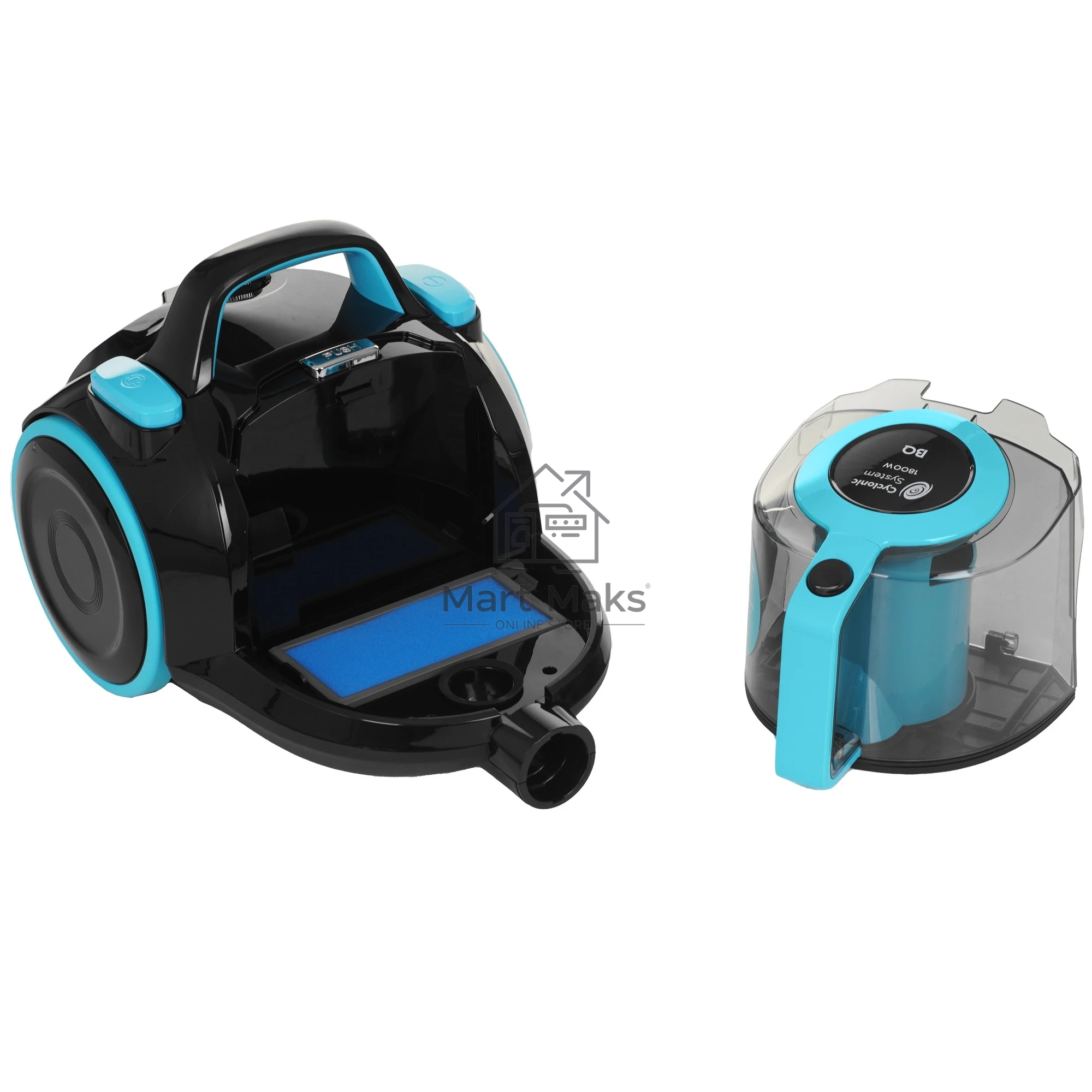 Пылесос BQ VC1810C черный/голубой, 380/1800 Вт, уборка сухая, пылесборник циклон 2.5 л