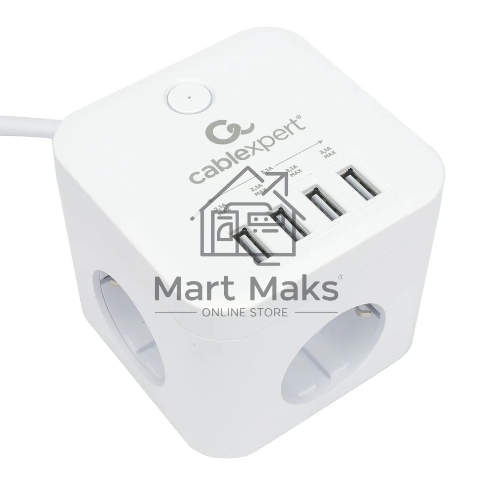 Сетевой фильтр Cablexpert Cube CUBE-3-U4-W-1.5, 3р, 10А, 4хUSB, 1.5м, ур.защиты 4+, белый, коробка