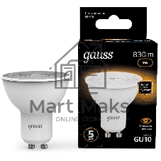 Лампа светодиодная Gauss 101506109 9Вт цок.:GU10 рефлек. 150B св.свеч.бел.теп. MR16 (упак.:10шт)