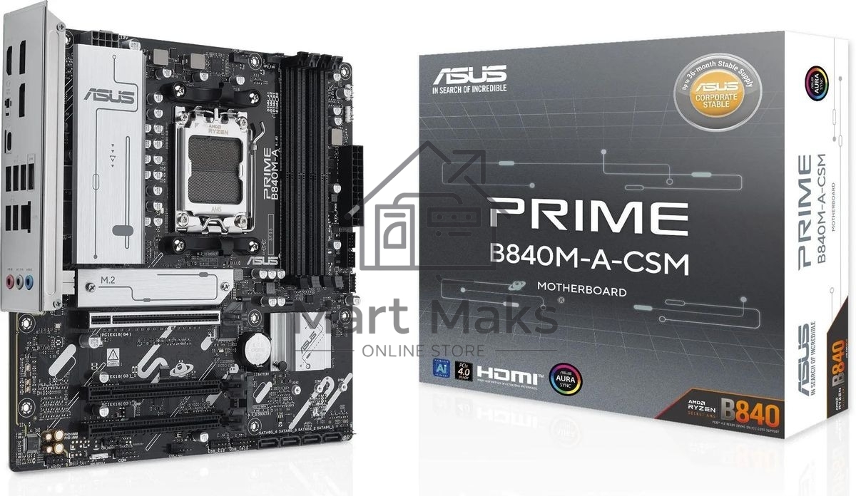 Материнская плата ASUS PRIME B840M-A-CSM, AM5, AMD B840, 4xDDR5, 4xSATA, 3xM.2, 1xPCI-E 4.0 x16, 2xPCI-E 3.0 x16, 1xRealtek 2.5Gb LAN, 2xUSB-A 10Gbps, 1xUSB-C 5Gbps, 4xUSB-A 2.0, 3x3.5 мм, 7.1, micro-ATX