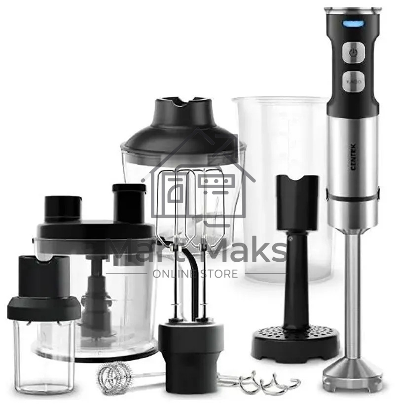 Блендер CENTEK CT-1367 (сталь) 1500Вт, 8в1, блендер/венчик/чоппер/кофе, ДИСПЛЕЙ 650мл стакан 800мл