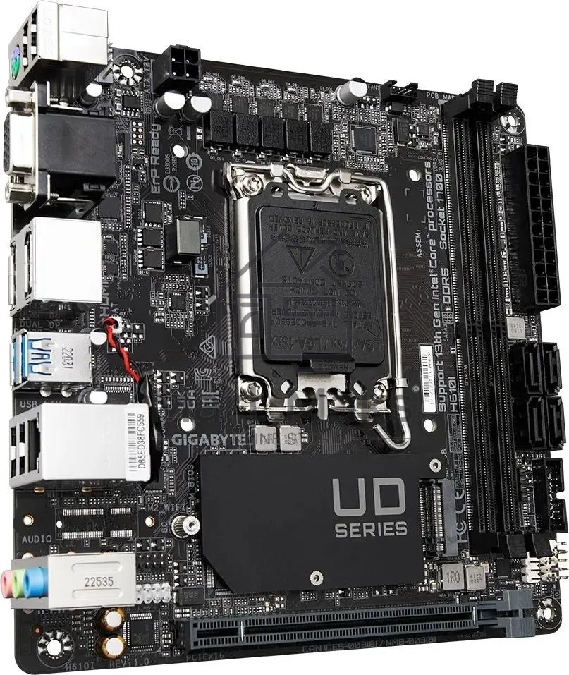 Материнская плата Gigabyte H610I, LGA 1700, Intel H610, 2xDDR5, 4xSATA, 1xM.2, 1xPCIe 4.0 x16, 1xHDMI, 1xVGA, 2xDP, 1x 1Gb LAN, 2xUSB-A 3.2 Gen 1, 4xUSB-A 2.0, 3x 3.5 мм, 7.1, Mini-ITX
