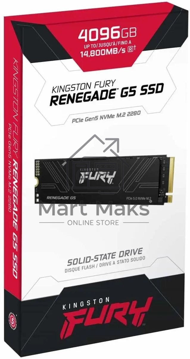 Твердотельный накопитель Kingston SSD Fury Renegade, 4096GB, M.2(22x80mm), NVMe, PCIe 5.0 x4, 3D TLC, R/W 14800/14000MB/s, IOPs 2 200 000/2 200 000, TBW 4000, DWPD 0.5 (12 мес)