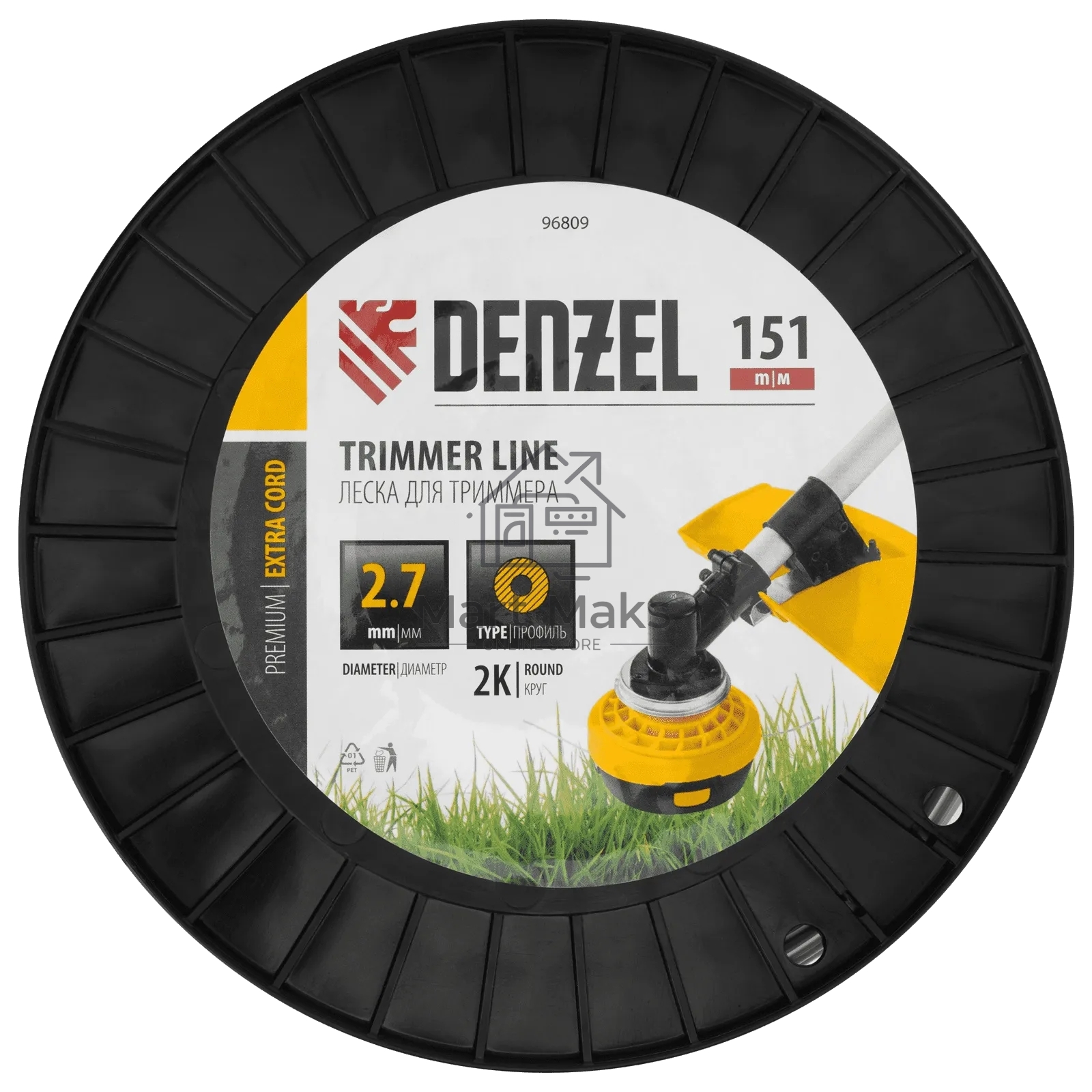 Леска для триммера Denzel EXTRA CORD двухкомпонентная круглая, 2,7 мм х 151 м, на DIN катушке