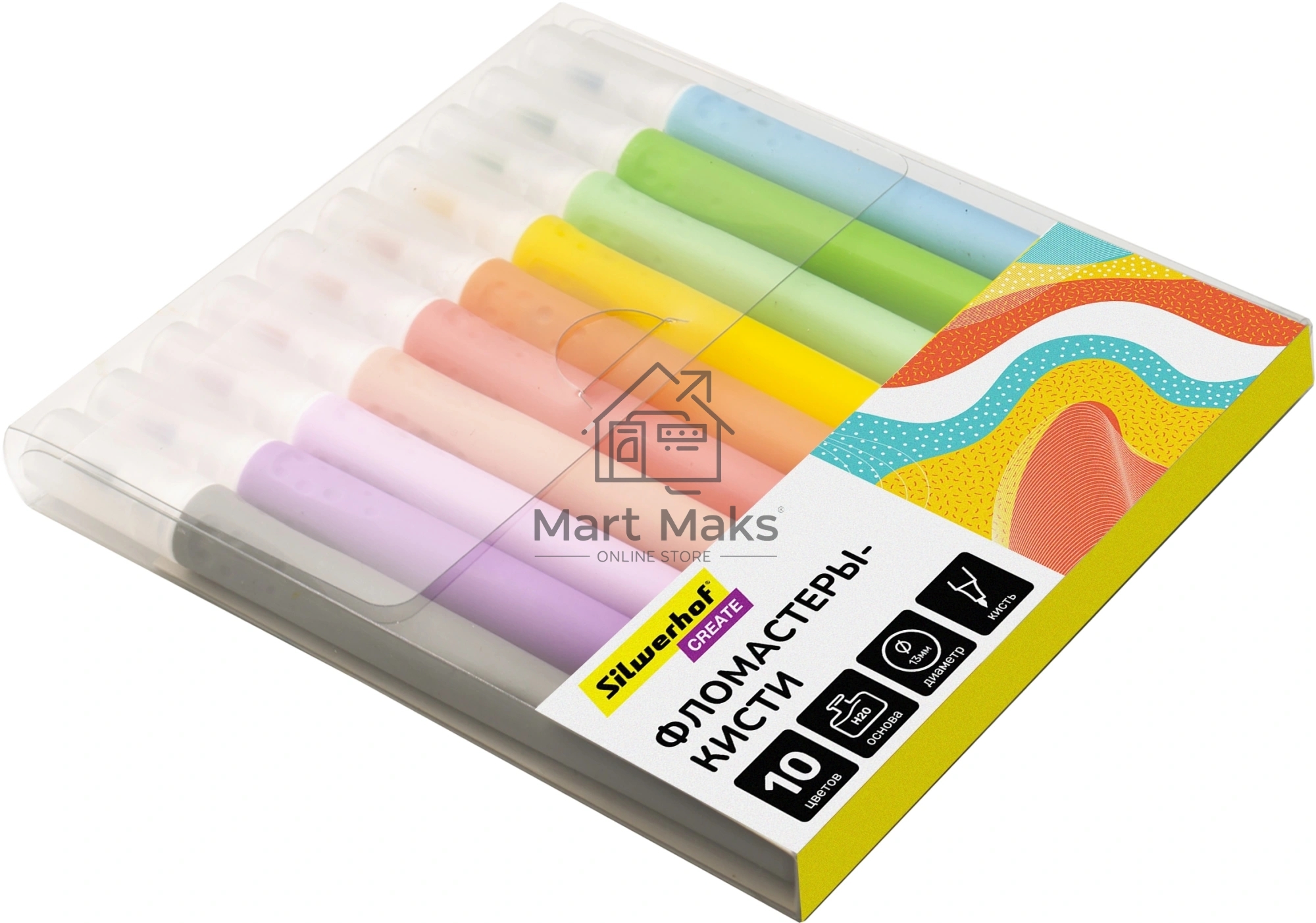 Фломастеры Silwerhof Create 13мм 146мм кисть, вентилируемый колпачок, 10 цветов, пакет с европодвесом