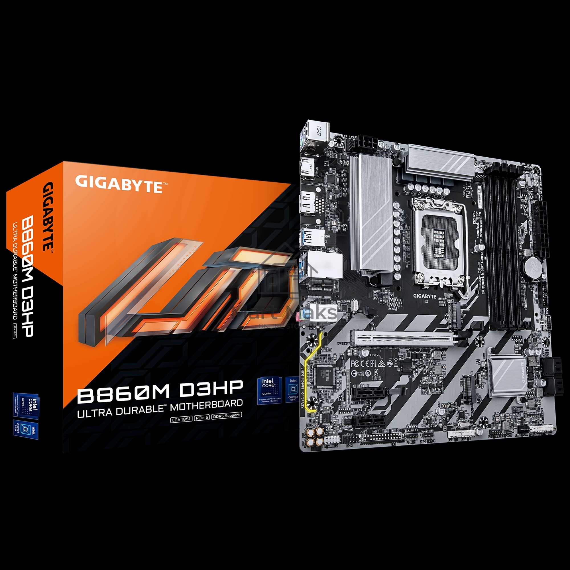 Материнская плата Gigabyte B860M D3HP, LGA 1851, Intel B860, 4xDDR5, 4xSATA, 2xM.2, 1xPCIe 5.0 x16, 2xPCIe x1, 1xHDMI, 1xDP, 1x 1Gb LAN, 3xUSB-A 3.2 Gen 1, 3xUSB-A 2.0, 1xUSB-C 3.2 Gen 1, 3x3.5 мм, 7.1, mATX