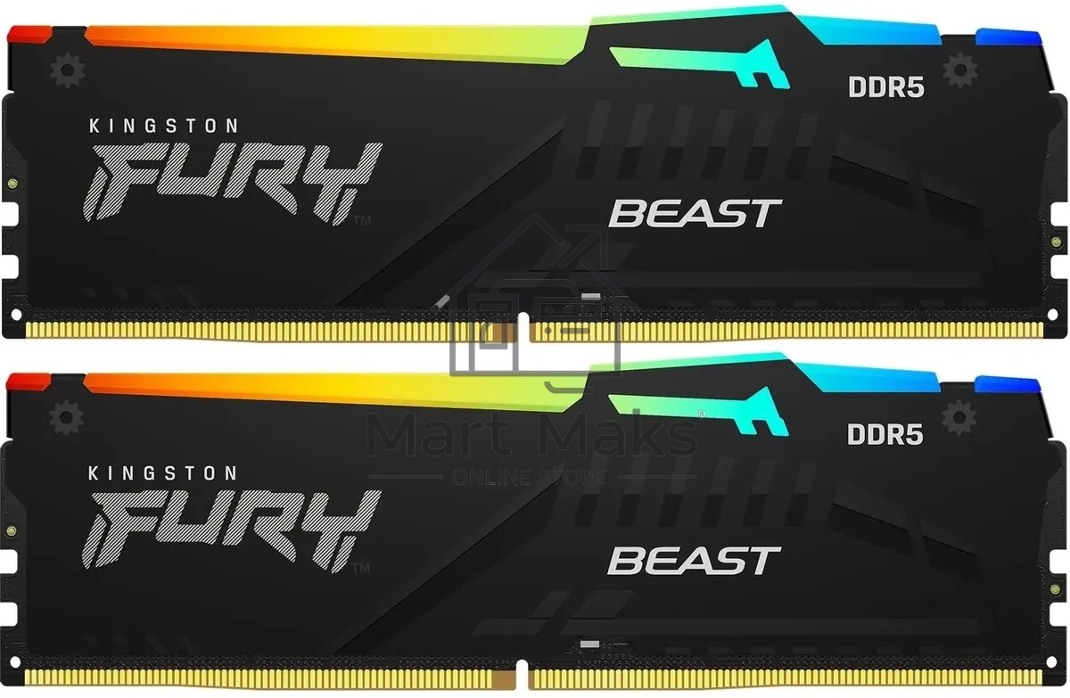 Оперативная память Kingston Fury Beast, DDR5, 32GB (2x16GB), 5200MHz, CL36, DIMM, с радиаторами, RGB, черный