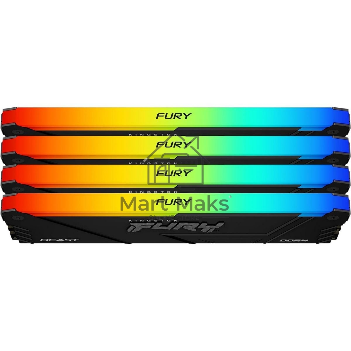 Оперативная память Kingston Fury Beast, DDR4, 128GB (4x32 GB), 3200 MHz, CL16, DIMM, с радиатором, RGB, черный