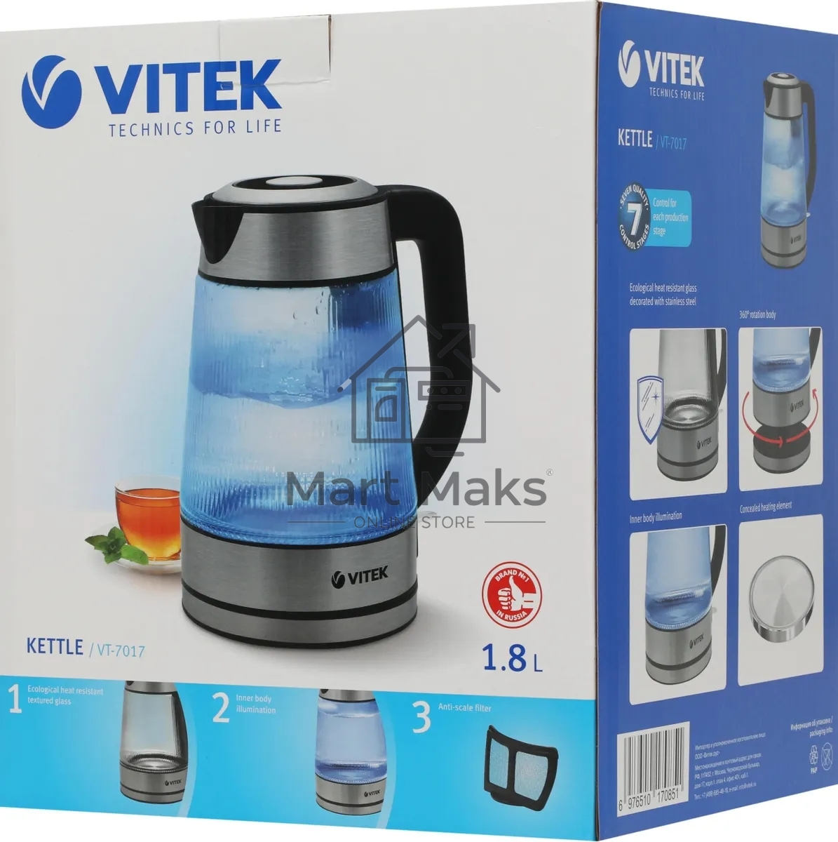 Чайник электрический Vitek VT-7017, 1.8л, 2200Вт, прозрачный, корпус: стекло
