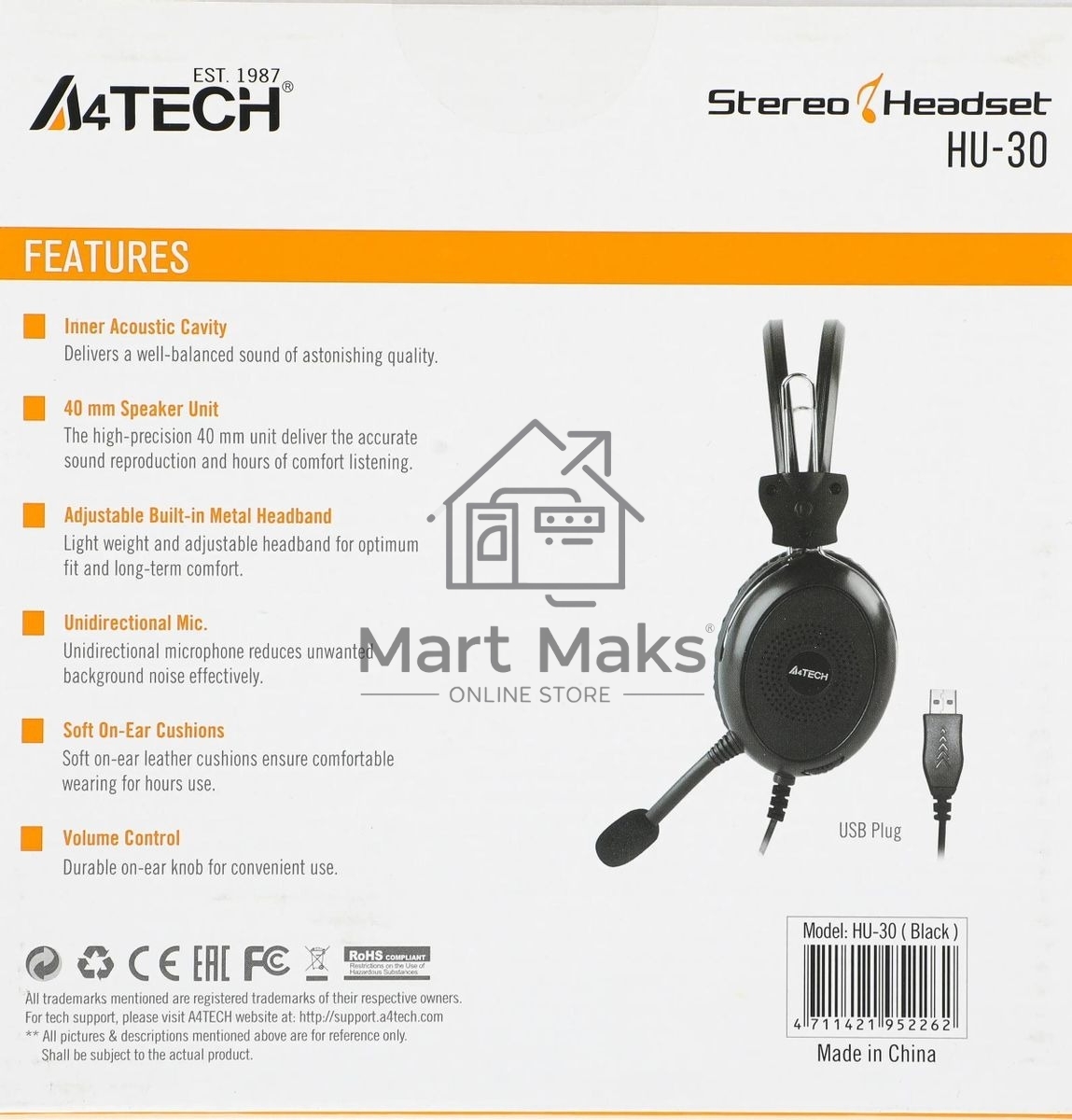 Гарнитура проводная с микрофоном A4Tech HU-30 черный 2м накладные USB оголовье