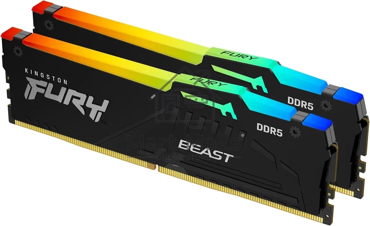 Оперативная память Kingston Fury Beast, DDR5, 32GB (2x16GB), 5200MHz, CL36, DIMM, с радиаторами, RGB, черный