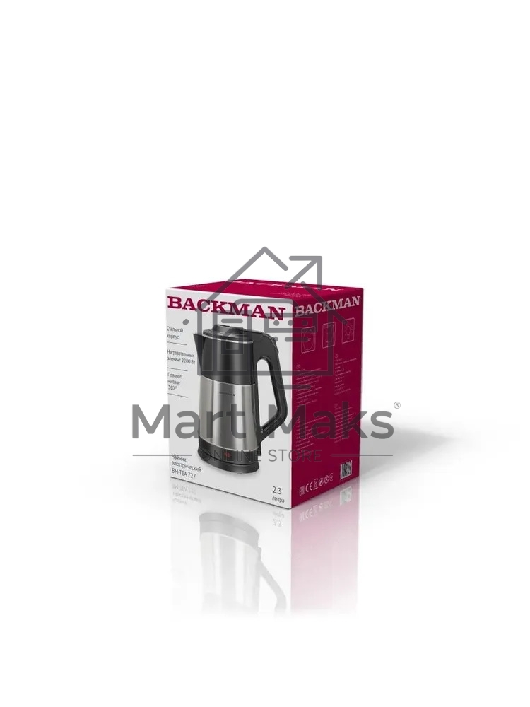 Чайник электрический BACKMAN BM-TEA 727 2,3 л, 2200 Вт, серебристый/черный
