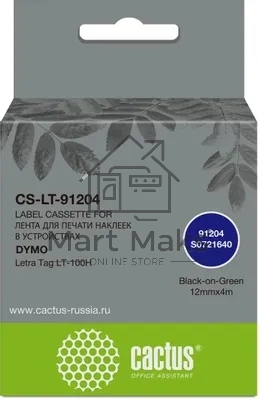 Картридж ленточный Cactus CS-LT-91204 черный шрифт, зеленый фон (12 мм, 4 м) для Dymo Letra Tag LT-100H