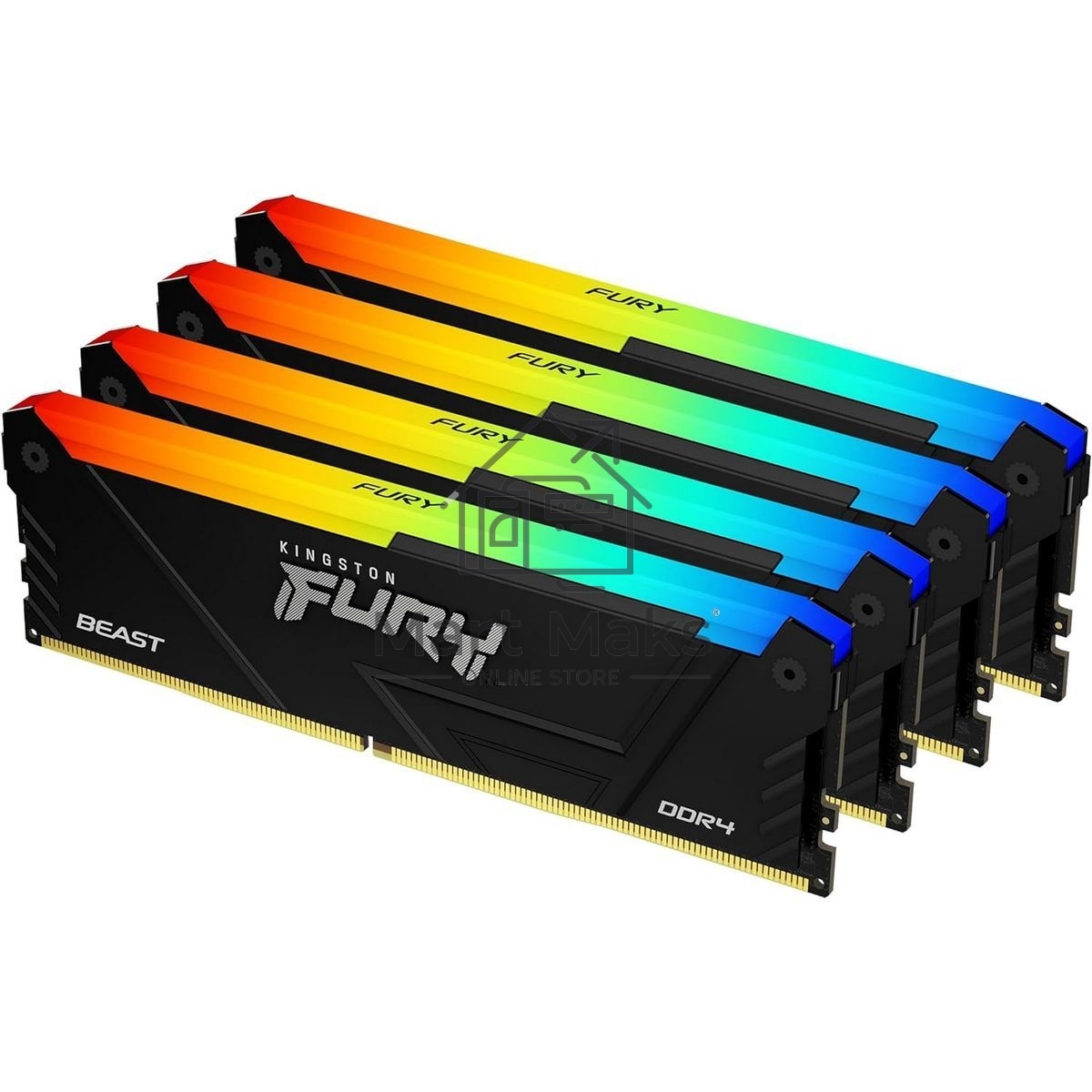 Оперативная память Kingston Fury Beast, DDR4, 128GB (4x32 GB), 3200 MHz, CL16, DIMM, с радиатором, RGB, черный