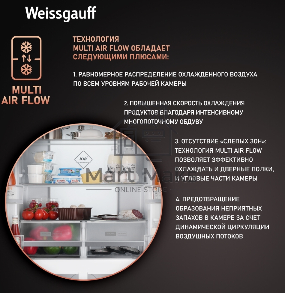 Холодильник Weissgauff WCD 450 INOX GLASS нержавеющая сталь трехкамерный 286/141л морозилка снизу, No Frost, Side by Side